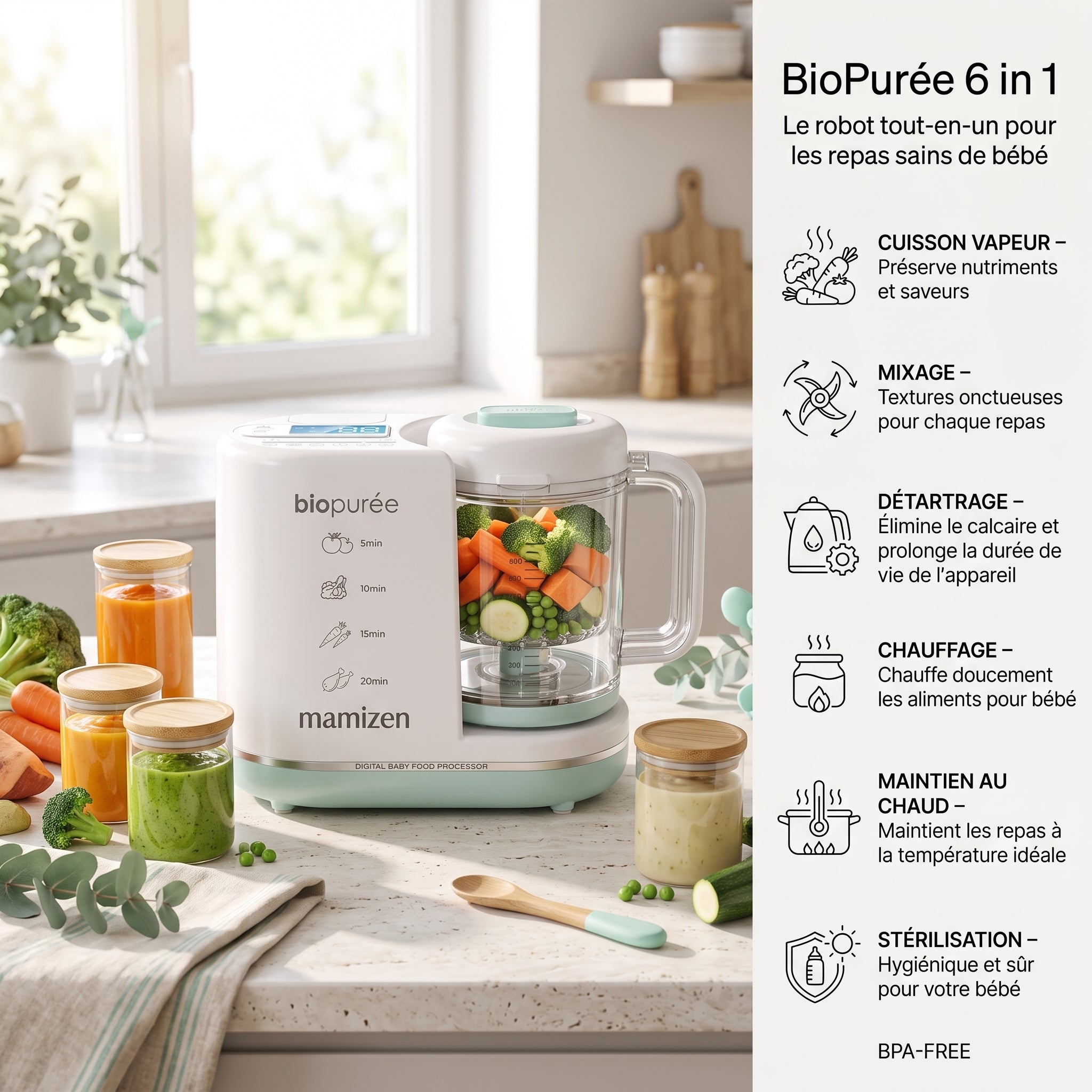 Mamizen BioPurée™ – Robot Culinaire Bébé Intelligent 6-en-1 - Promo Lancement